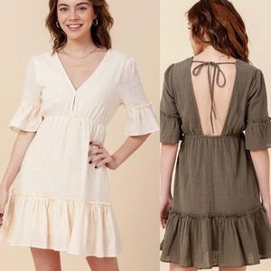 Open Back Ruffle Detail Elbow Sleeve Dress (Cream)